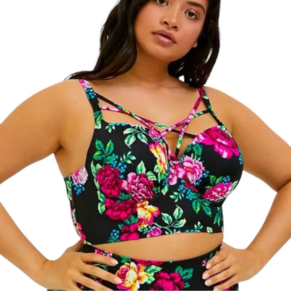 Torrid 4X Floral Underwire Strappy Bikini Swim Top Black Pink